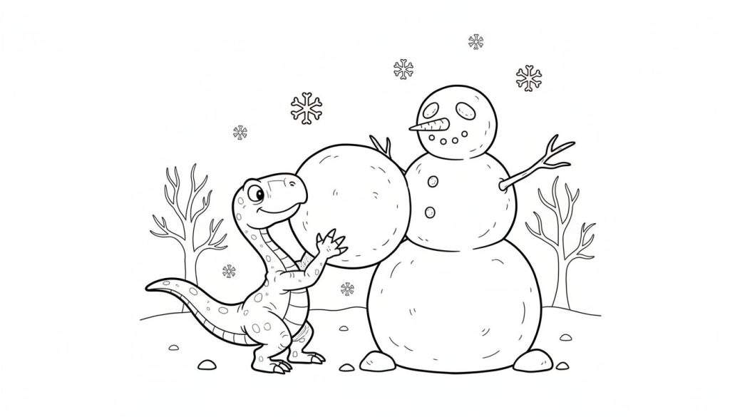 Kleurplaat van een glimlachende dinosaurus die een sneeuwbal op een sneeuwpop plaatst, met sneeuwvlokken en kale bomen op de achtergrond.