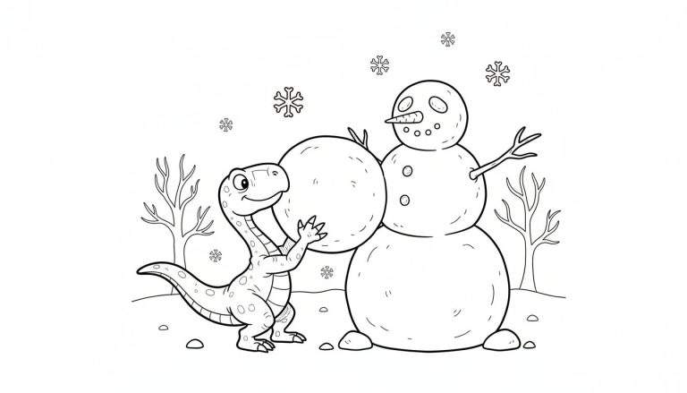 Kleurplaat van een glimlachende dinosaurus die een sneeuwbal op een sneeuwpop plaatst, met sneeuwvlokken en kale bomen op de achtergrond.