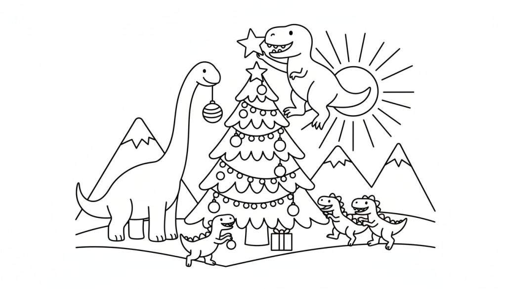 Kleurplaat van een kerstboom met dinosaurussen, een Brontosaurus met een kerstbal, een T-Rex die de ster plaatst en kleinere T-Rexen die spelen, met besneeuwde bergen en een zon op de achtergrond.