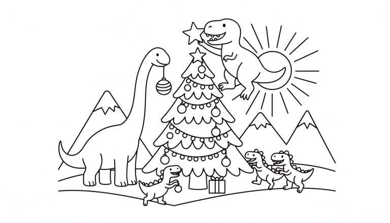 Kleurplaat van een kerstboom met dinosaurussen, een Brontosaurus met een kerstbal, een T-Rex die de ster plaatst en kleinere T-Rexen die spelen, met besneeuwde bergen en een zon op de achtergrond.