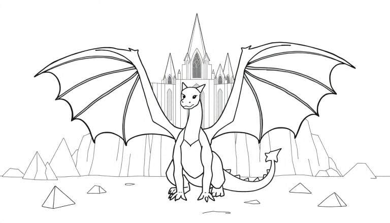 Zwart-wit lijntekening van een draak met wijd gespreide vleugels voor een gotisch kasteel, met rotsformaties op de achtergrond en piramide-achtige stenen op de voorgrond.