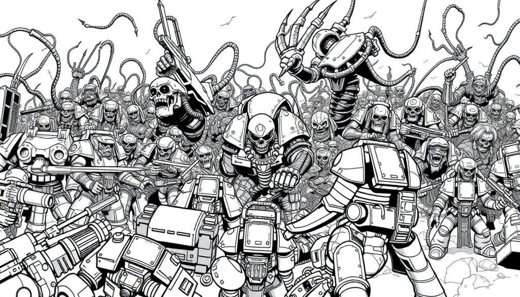 Gedetailleerde zwart-wit tekening van een leger van sci-fi krijgers met schedelhelmen en tentakels, klaar voor de strijd, met een rotsachtig, desolaat landschap op de voorgrond.