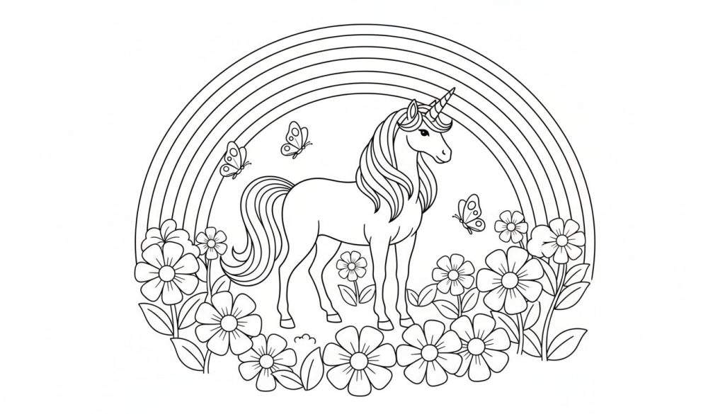 Een zwart-wit lijntekening van een eenhoorn met golvende manen en staart, een hoorn op zijn voorhoofd, met achter zich een grote regenboog. Rondom de eenhoorn bevinden zich veel bloemen en drie vlinders.