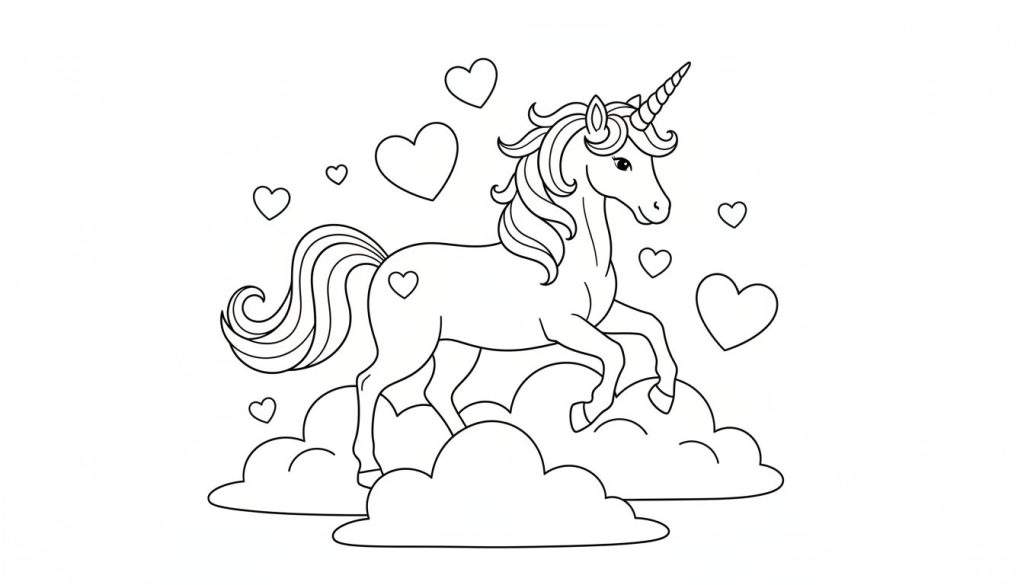 Eenhoorn kleurtekening met hartjes en wolken, zwarte lijnen op witte achtergrond.