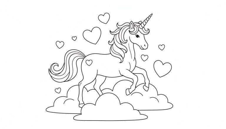 Eenhoorn kleurtekening met hartjes en wolken, zwarte lijnen op witte achtergrond.