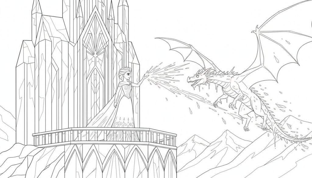 Kleurplaat van een vrouw met ijskrachten die een ijzige draak aanvalt bij een ijskasteel.