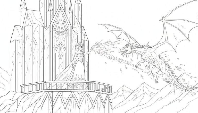 Kleurplaat van een vrouw met ijskrachten die een ijzige draak aanvalt bij een ijskasteel.