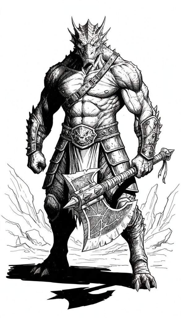 Zwart-wit tekening van een gespierde draak krijger met een strijdbijl, in fantasy-stijl.