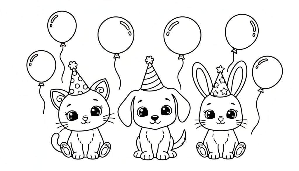 Zwart-wit lijntekening van een poes met gestippelde feestmuts, een hondje met gestreepte feestmuts en een konijntje met sterrenfeestmuts, zittend naast elkaar, met vijf ballonnen erboven. Bestemd als kleurplaat.