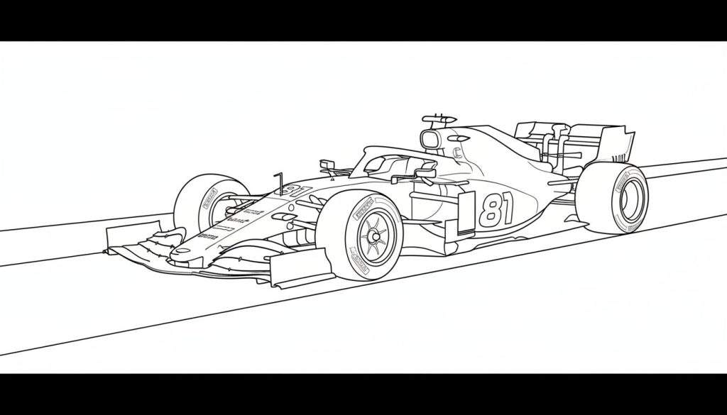 Zwart-witte lijntekening van een Formule 1-raceauto van voren en van de zijkant, klaar om ingekleurd te worden. De auto heeft de nummers 31 en 81 erop.