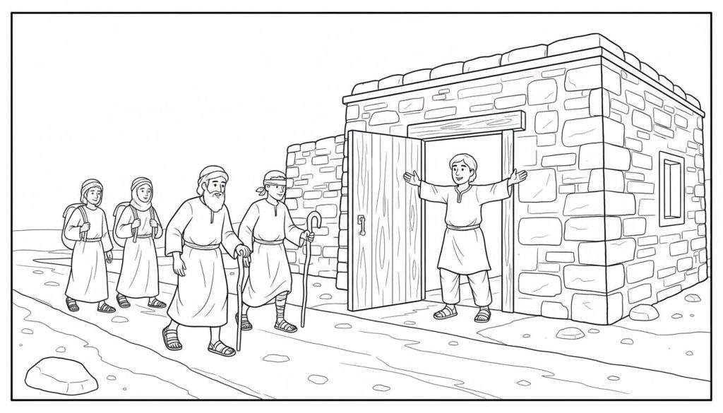 Kleurplaat van een groep reizigers die worden verwelkomd door een jonge man bij de deuropening van een stenen huis.