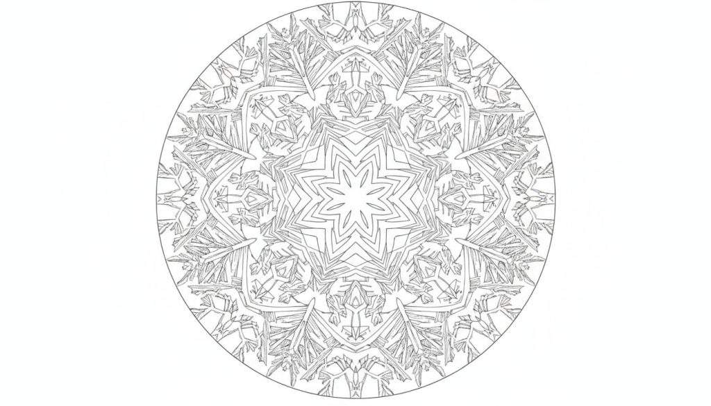 Gedetailleerde lijntekening van een symmetrische mandala, lijkend op een sneeuwvlok of ijskristal, met een zespunts ster in het midden en ingewikkelde patronen die naar buiten stralen.