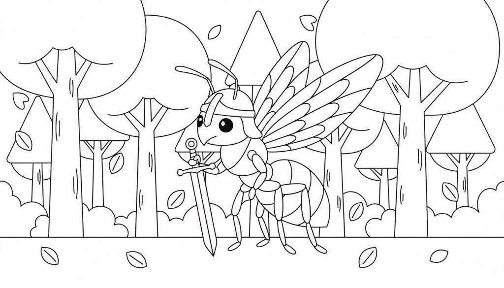 Zwart-wit lijntekening van een gevleugeld insect met helm en zwaard, staand in een bosrijke omgeving.