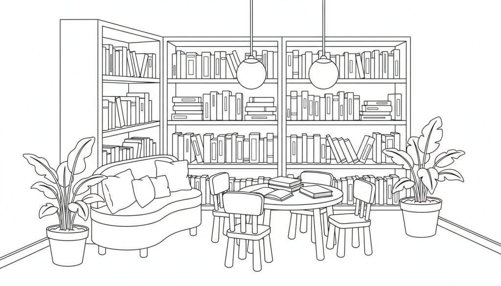 Zwart-wit lijntekening van een kamer met boekenkasten, zitbank, ronde tafel met stoelen en kamerplanten, ideaal als kleurplaat.