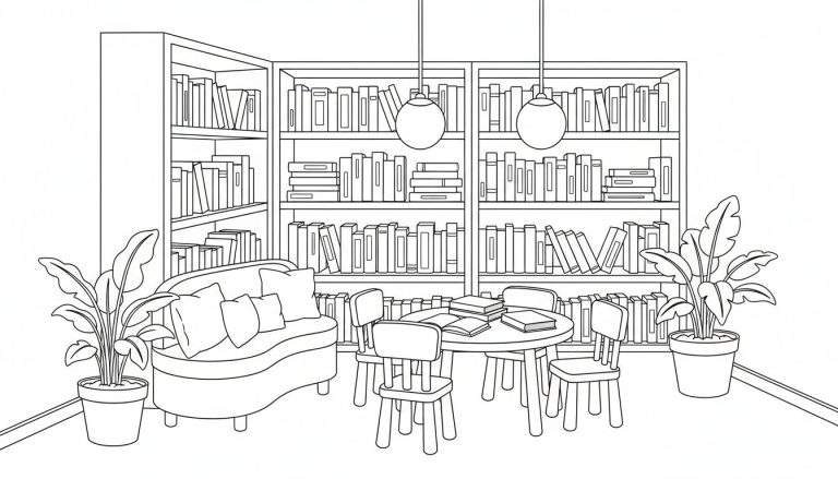 Zwart-wit lijntekening van een kamer met boekenkasten, zitbank, ronde tafel met stoelen en kamerplanten, ideaal als kleurplaat.