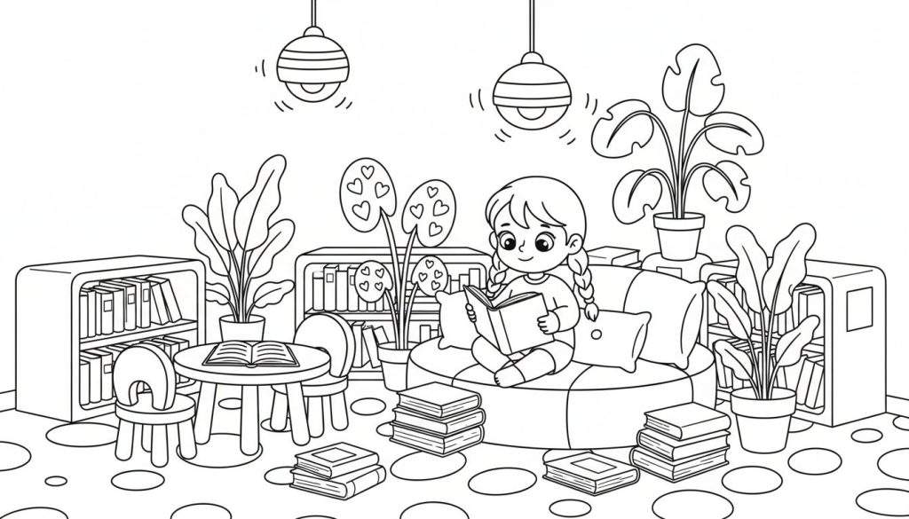 Zwart-wit kleurplaat van een gezellige leeshoek met een meisje dat leest op een zitzak, omringd door boeken, planten en meubels.