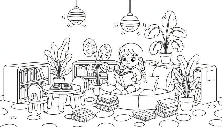 Zwart-wit kleurplaat van een gezellige leeshoek met een meisje dat leest op een zitzak, omringd door boeken, planten en meubels.