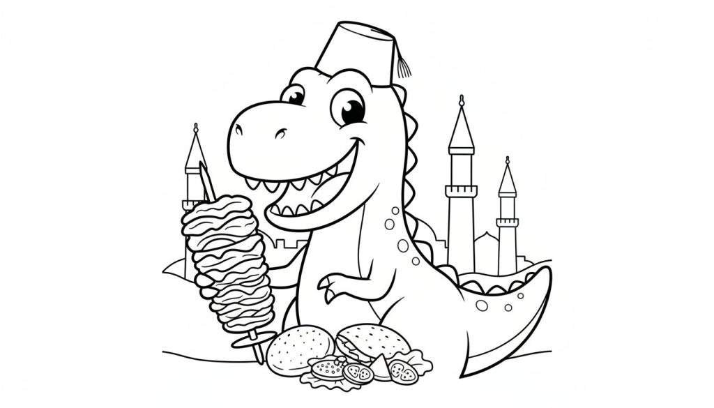 Zwart-witte lijntekening van een lachende dinosaurus die een fez draagt en een spies met döner kebab vasthoudt, met hamburgers, sla en tomaten op de grond. Op de achtergrond een Turkse stadsskyline met minaretten.