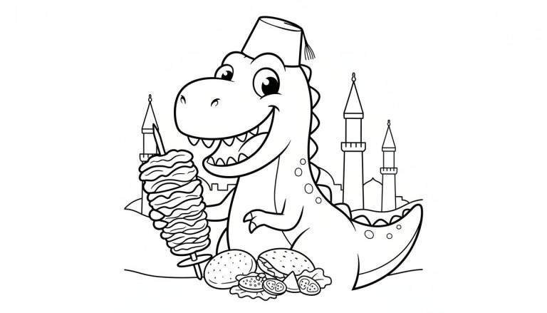 Zwart-witte lijntekening van een lachende dinosaurus die een fez draagt en een spies met döner kebab vasthoudt, met hamburgers, sla en tomaten op de grond. Op de achtergrond een Turkse stadsskyline met minaretten.