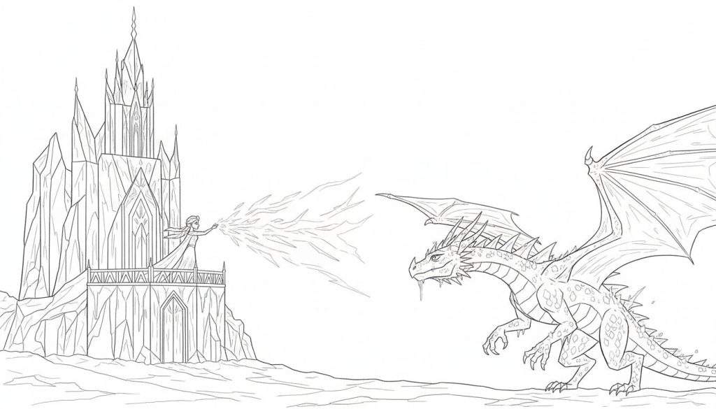 Kleurplaat: ijskoningin met ijsmagie vecht tegen vliegende draak bij een ijskasteel.