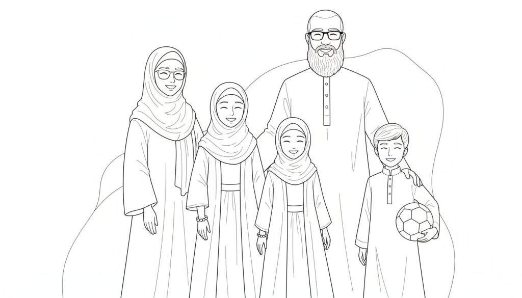 Kleurplaat van een blij islamitisch gezin van vijf: vader, moeder, grootmoeder, dochter en zoon, die elkaar omarmen.