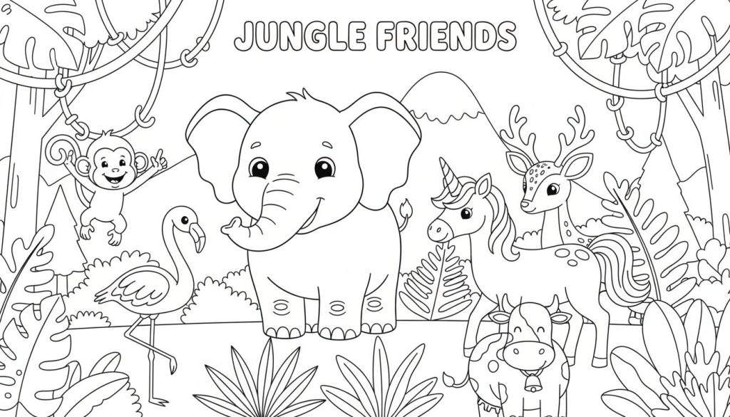 Kleurplaat van een jungle met een lachende olifant, zwaaiende aap, flamingo, eenhoorn, hertje en koe.