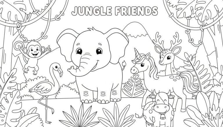 Kleurplaat van een jungle met een lachende olifant, zwaaiende aap, flamingo, eenhoorn, hertje en koe.