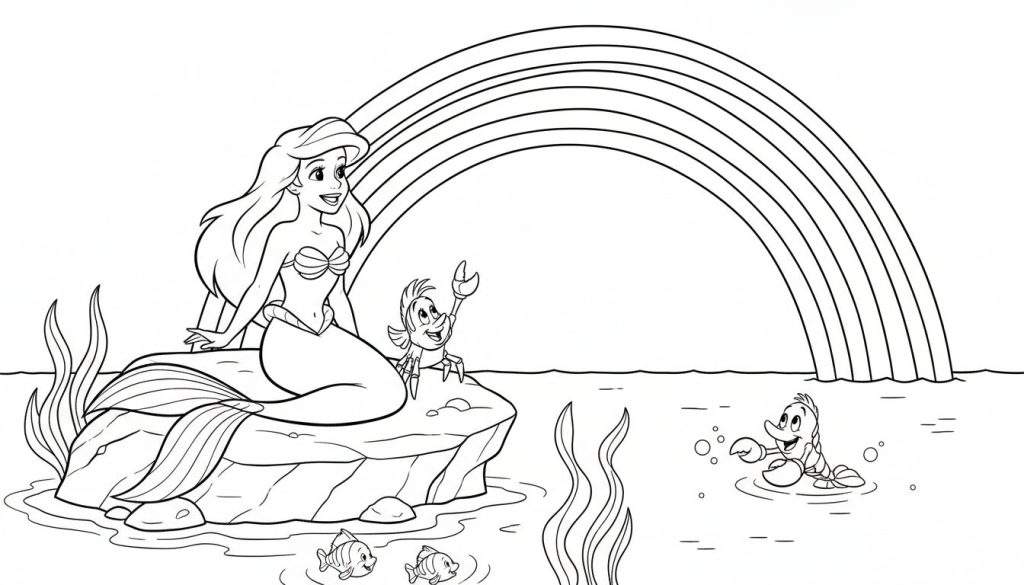 Zwart-wit kleurplaat van Ariel de zeemeermin zittend op een rots met Sebastiaan de krab. Een grote regenboog strekt zich uit boven hen, met water, zeewier, een kreeftachtig dier en visjes.