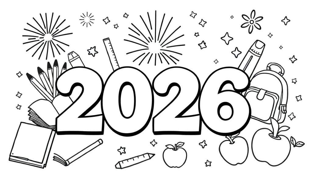 Zwart-wit kleurplaat van het jaartal 2026 met schoolspullen, appels, sterren en vuurwerk.