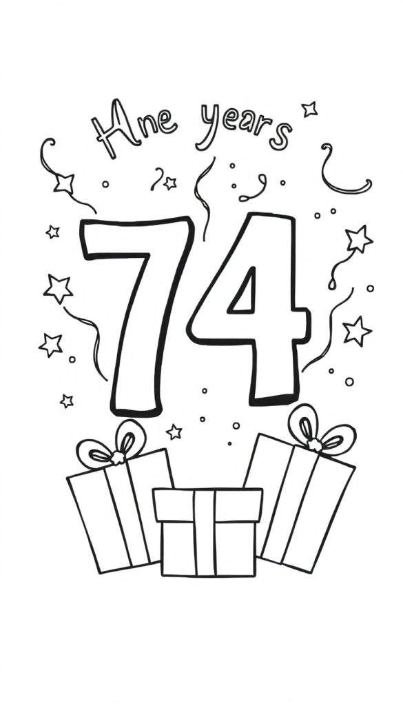 Kleurplaat met de cijfers 74, de tekst 'Ane years', sterren, slingers en cadeautjes.