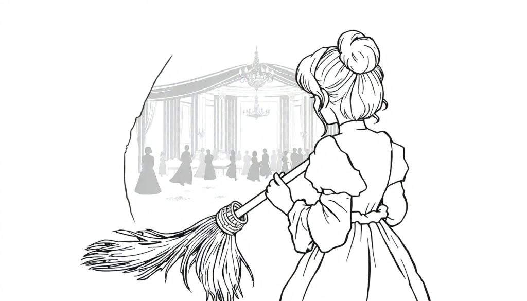 Kleurplaat van een meisje met opgestoken haar en een oude jurk, met een bezem in haar handen, kijkend door een opening naar een feestzaal vol silhouetten van dansende mensen, zuilen en kroonluchters.