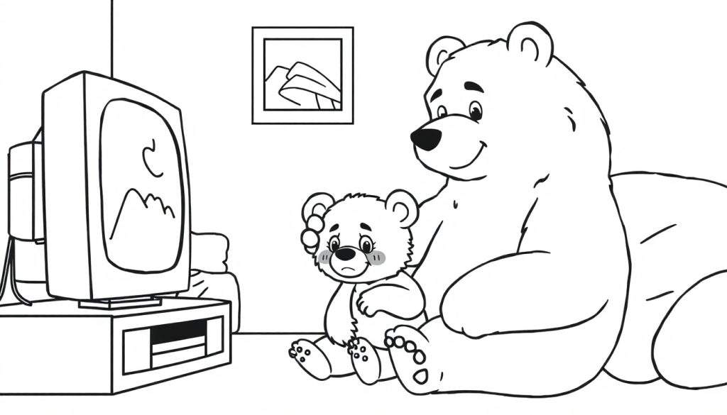 Zwart-wit lijntekening van een grote, blije beer zittend op de grond, kijkend naar een ouderwetse monitor. Voor hem zit een klein, verdrietig beertje met een pootje bij zijn hoofd. Op de muur achter hen hangt een ingelijst schilderij met een abstract landschap.