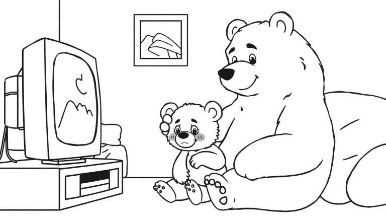 Zwart-wit lijntekening van een grote, blije beer zittend op de grond, kijkend naar een ouderwetse monitor. Voor hem zit een klein, verdrietig beertje met een pootje bij zijn hoofd. Op de muur achter hen hangt een ingelijst schilderij met een abstract landschap.