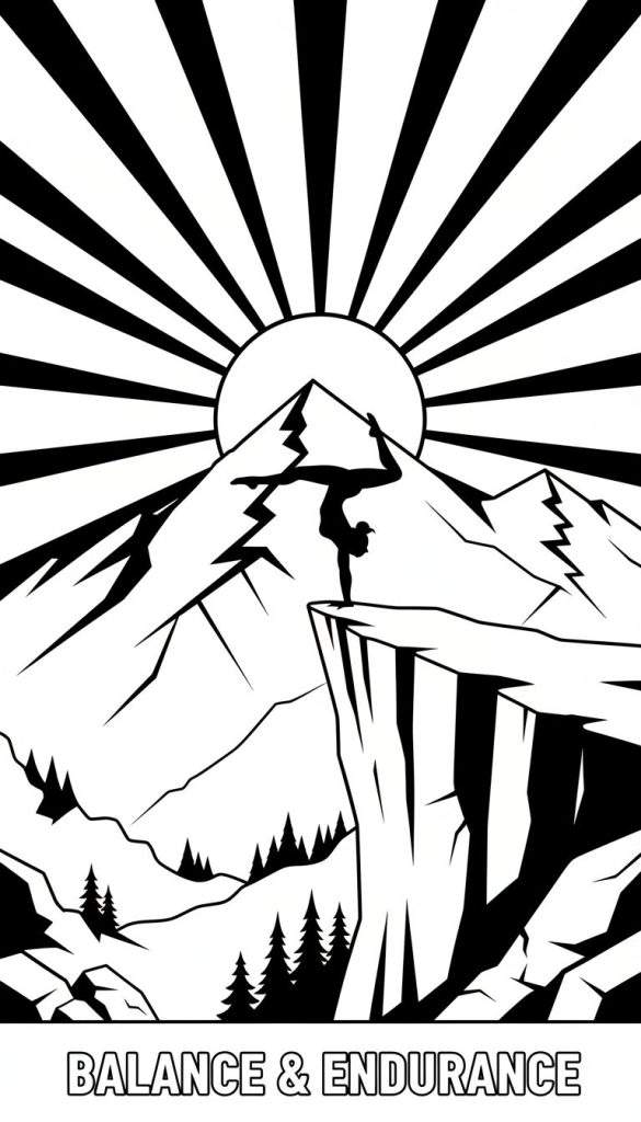 Zwart-wit kleurplaat van een berglandschap met een acrobaat in handstand op een rots, met een zon en dennenbomen. De tekst 'BALANCE & ENDURANCE' staat onderaan.