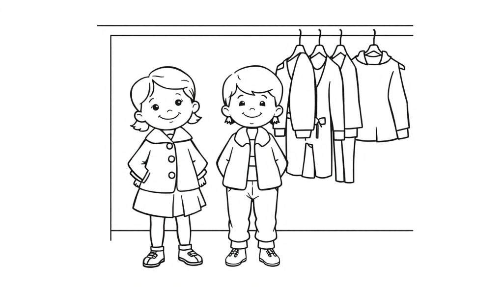 Kleurplaat van een blije jongen en meisje die naast elkaar staan voor een kledingrek met kledingstukken.