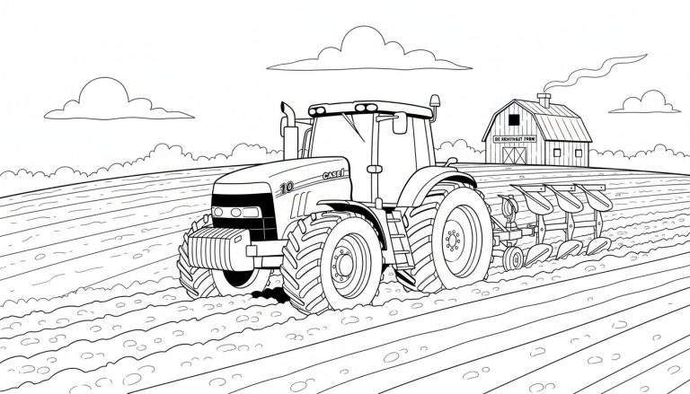 Zwart-wit kleurplaat van een boerderijlandschap met een CASE 10 tractor die een veld ploegt, een boerderijschuur genaamd 'De Sentient Farm' en glooiende heuvels op de achtergrond.