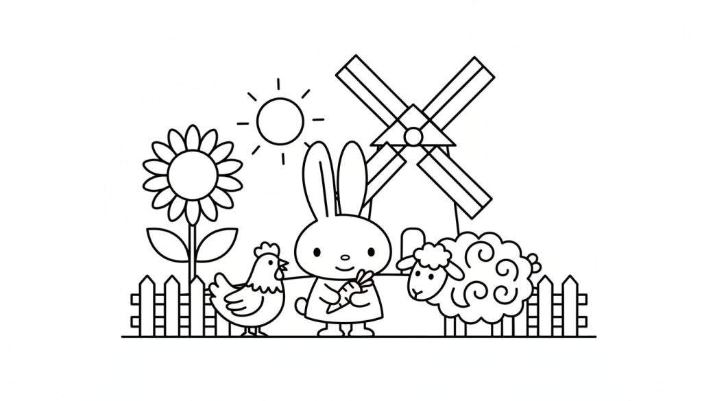 Kleurplaat met een boerderijtafereel, met een kip, een konijn dat een wortel vasthoudt, een schaap, een zonnebloem, een windmolen en de zon.