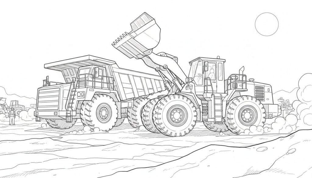 Kleurplaat lijntekening van een bouwplaats met een wiellader en een dumper.