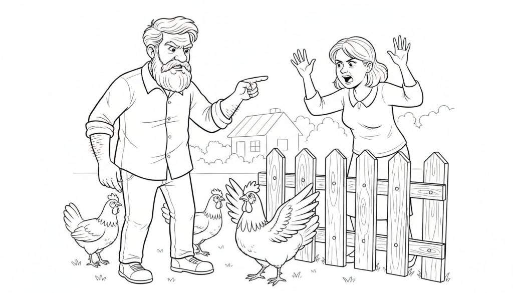 Kleurplaat van een burenruzie tussen een boze oude man met baard en een overstuurde vrouw achter een hek, met drie kippen op de voorgrond.