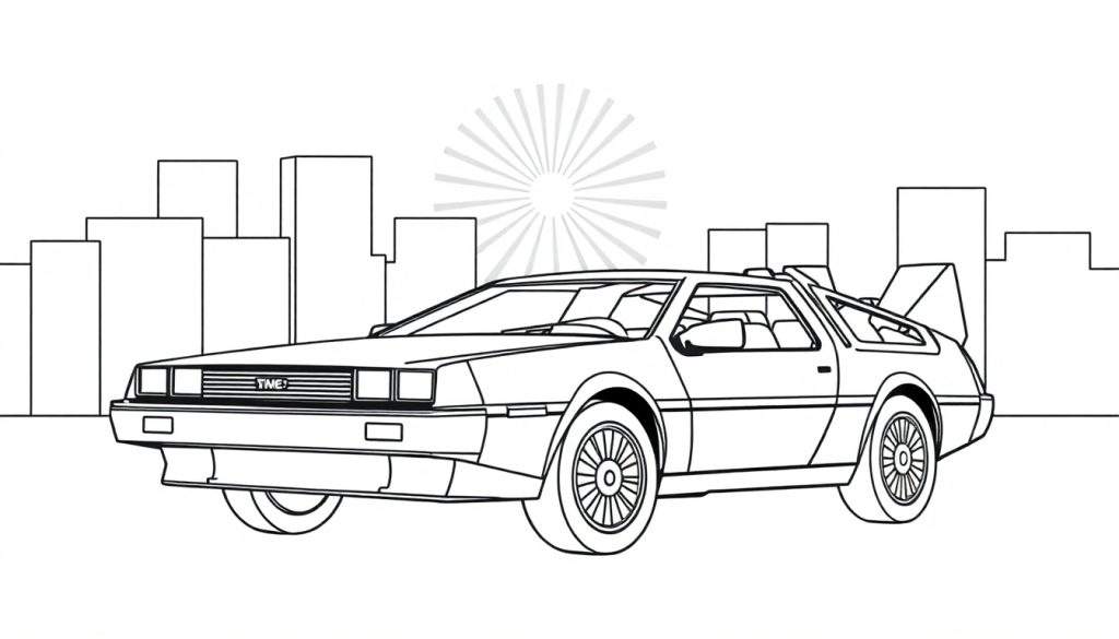Zwart-witte lijntekening van een DeLorean DMC-12 auto, schuin van voren links afgebeeld, met een abstracte stadsachtergrond en een stralende zon erboven. Ideaal als kleurplaat.