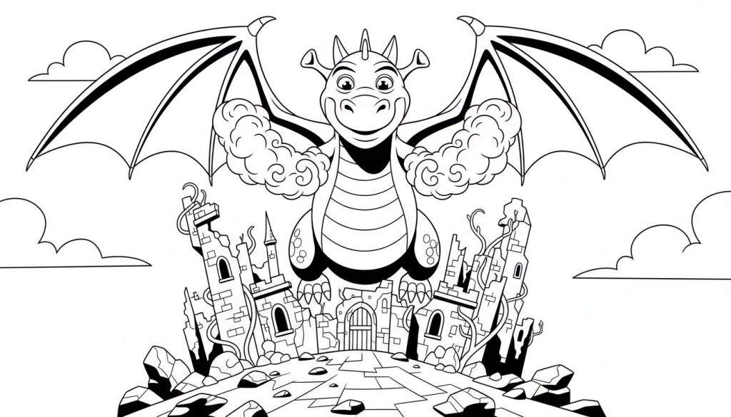 Zwart-wit lijntekening van een vriendelijke draak met uitgespreide vleugels boven een ingestort kasteel met torens en een poort, omringd door rotsen en planten. Wolken op de achtergrond.