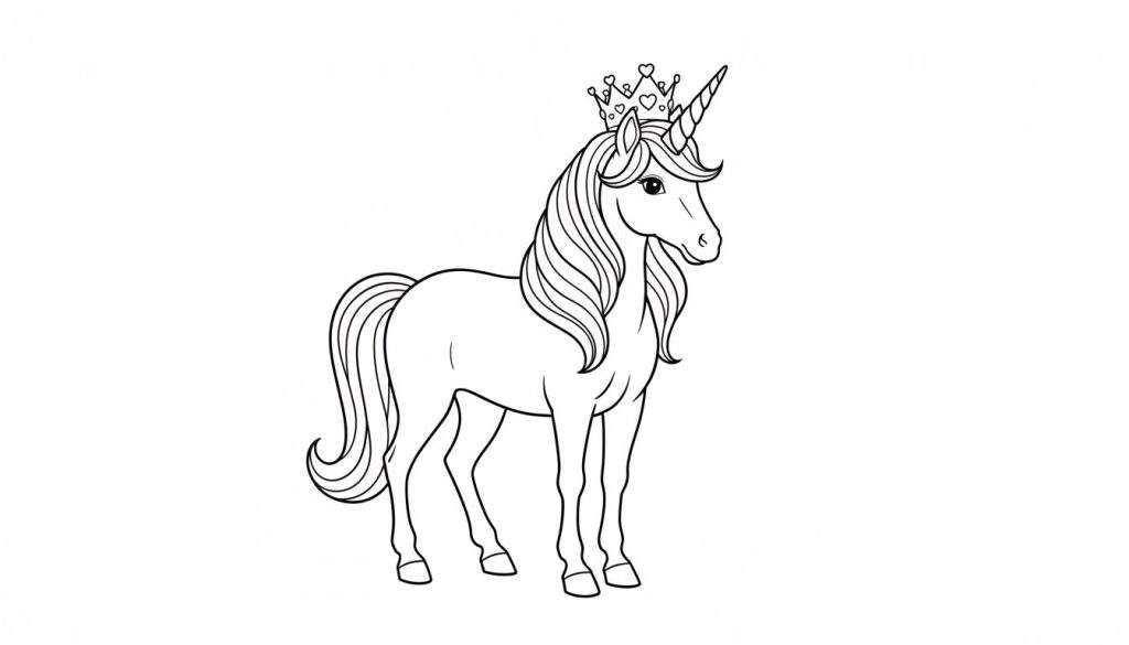 Lijntekening van een eenhoorn met een kroon vol hartjes, staand en naar rechts kijkend, klaar om ingekleurd te worden.