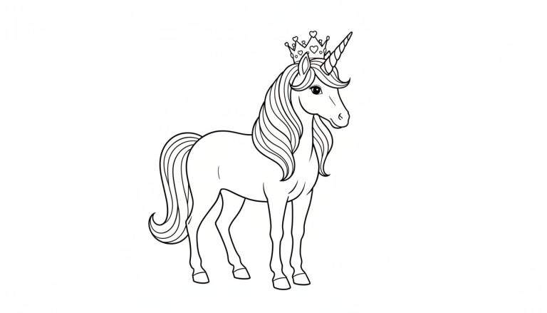 Lijntekening van een eenhoorn met een kroon vol hartjes, staand en naar rechts kijkend, klaar om ingekleurd te worden.