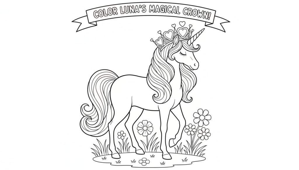 Een zwart-wit lijntekening van een sierlijke eenhoorn met gesloten ogen, versierd met een kroon vol hartjes, staand op gras met bloemen. De tekst 'COLOR LUNA'S MAGICAL CROWN!' is bovenaan zichtbaar.