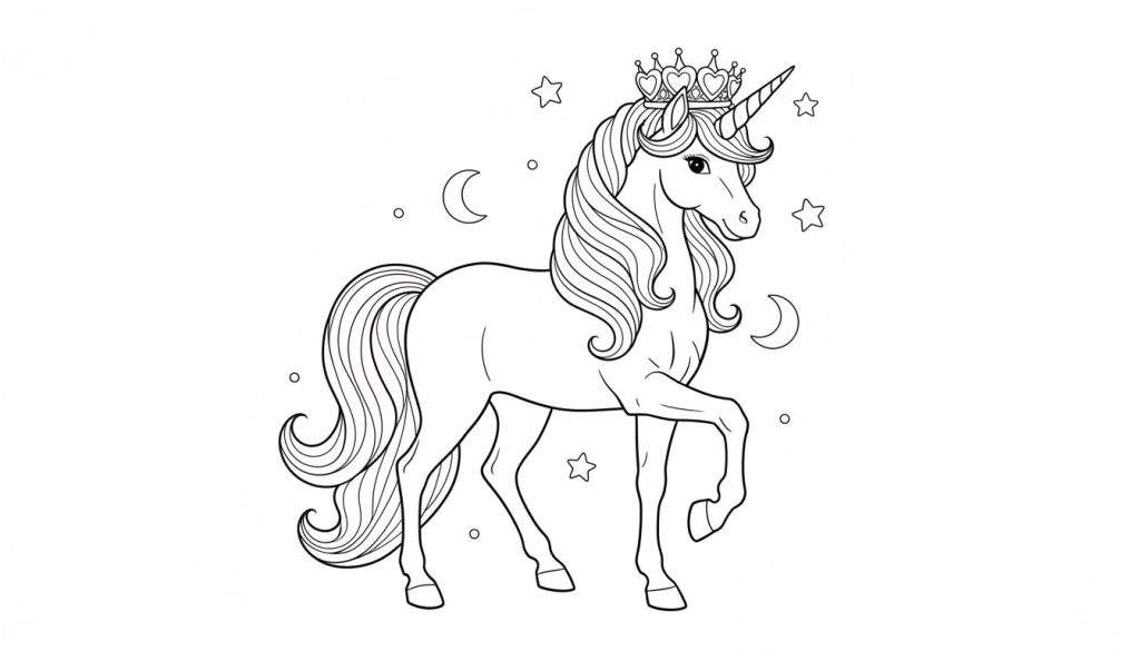 Kleurplaat van een elegante eenhoorn met een kroon, staand met een voorbeen opgetild, omringd door sterren en halve manen.