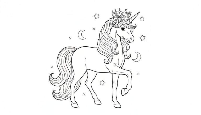 Kleurplaat van een elegante eenhoorn met een kroon, staand met een voorbeen opgetild, omringd door sterren en halve manen.