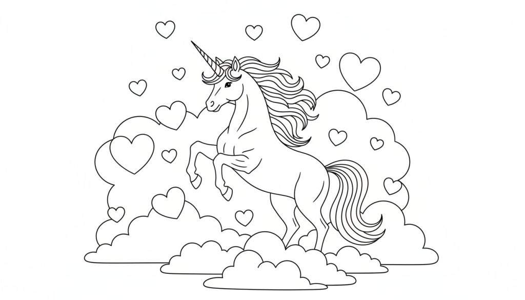 Kleurplaat van een witte eenhoorn met een hoorn en golvende manen, staand op wolken met hartjes eromheen.