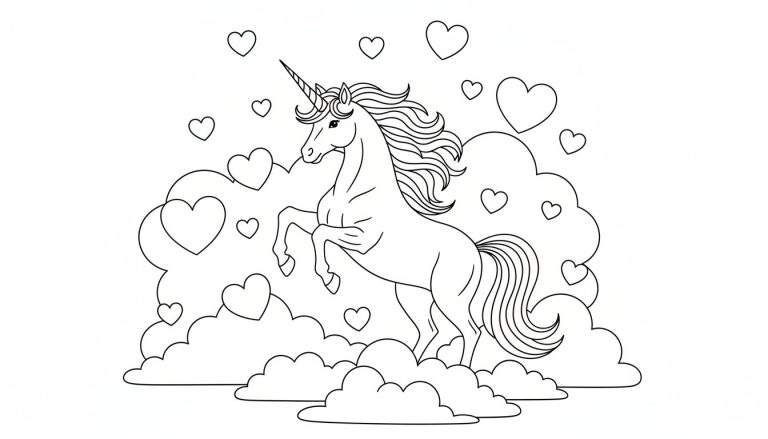 Kleurplaat van een witte eenhoorn met een hoorn en golvende manen, staand op wolken met hartjes eromheen.