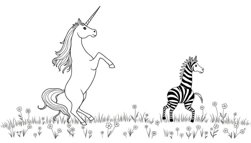 Zwart-wit lijntekening van een kleurplaat met een steigerende eenhoorn links en een zebra rechts, in een veld met gras en bloemen.
