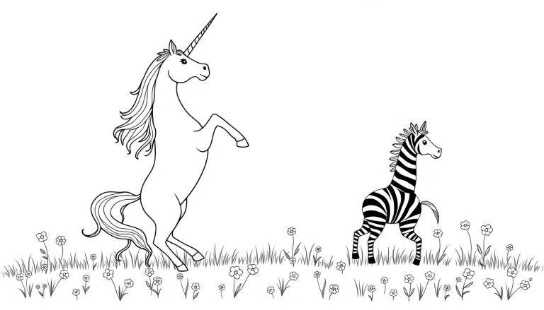 Zwart-wit lijntekening van een kleurplaat met een steigerende eenhoorn links en een zebra rechts, in een veld met gras en bloemen.